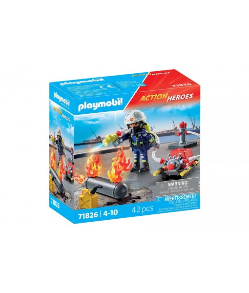 Action heroes - Pompier avec pompe à eau et réservoir enflammé